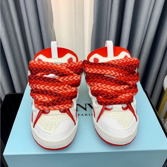 Lanvin Shoes - Lanvin Red and White Braided-Lace Women's Sneakers